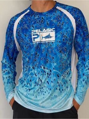 Pelagic Blue & White Ocean-Print Long Sleeve Performance Shirt